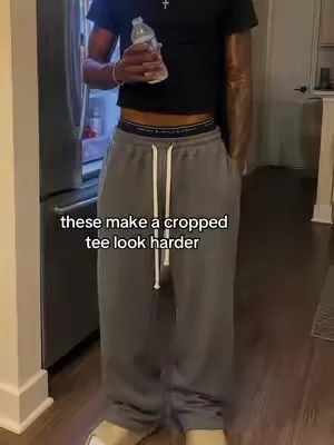 low rise grey sweats with long strings and a clean heavy stack #baggypants #greysweats #sweatpants #casualfits #fitcheck 