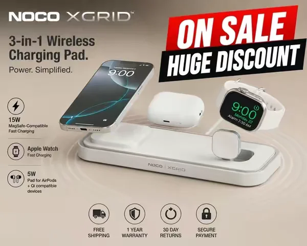 Declutter your nightstand with the NOCO XGrid XDP3 3-in-1 Wireless Charging Pad. Charge your iPhone, Apple Watch, and AirPods at the same time with fast, reliable wireless charging in one sleek, travel-friendly design. Perfect for home, the office, or taking on the go. #noco  #wirelesscharger #magsafe #appleaccessories @noco 