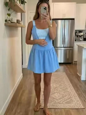 Mntaor Women's Casual Gingham Contrast Mini Dress - Fake 2-Piece, Athletic Dress,Sleeveless, Open Back, Loose Fit Womenswear for Summer Beach Vacation#Outdoorfun #womensfashion #tiktokshop #summervibes #fyp 
