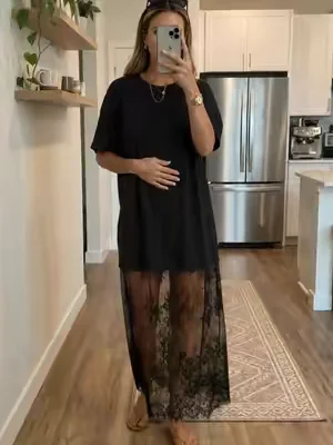 Mntaor Women's Oversized T-Shirt Maxi Dress with Sheer Lace Hem Drop Shoulder Short Sleeve Perfect for Street Style##Outdoorfun##womensfashion##tiktokshop##summervibes##fyp