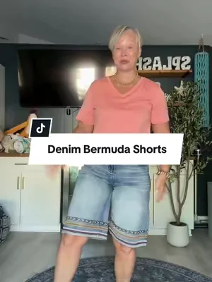 Denim shorts that actually cover your thighs! These embroidered Bermuda shorts are so stretchy and comfortable! #tiktokshopcreatorpicks #dealsforyoudays #midsizefashion #over50style #bermudashorts 