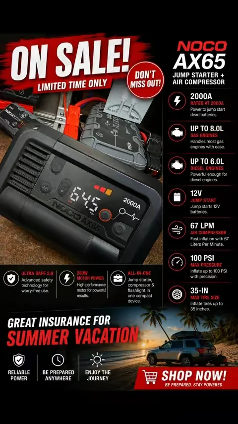 The NOCO AIR AX65 is a powerful cordless tire inflator built for cars, trucks, motorcycles, bicycles, and sports equipment. With fast inflation, a rechargeable battery, a bright digital display, and preset pressure settings, it’s the perfect portable air compressor to keep in your vehicle for everyday use and emergencies. #nocosuperbrandday #tiktokshopcreatorpicks #tireinflator #aircompressor #noco @noco 