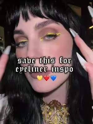 Graphic eyeliner inspo alert! ✨ ❤️ #KaleidosEyeliners in  Jackpot Jinx, Scarlet Striker and Miss Matrix #colorfuleyeliner #creativemakeup #graphiceyeliner #goldgoth 