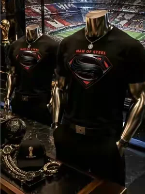 Men's Plus-Size Casual Crew-Neck T-Shirt – Short-sleeve tee with "Man of Steel" graphic print,    #mensfashion #OOTD #fyp #dealsforyoudays  #Tshirt 