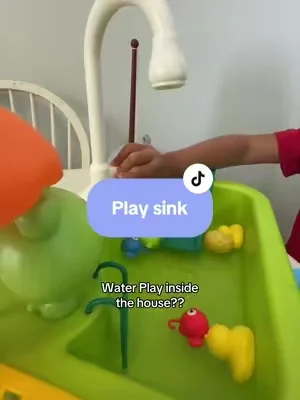 Water play indoors sounds risky until you realize it’s all self contained and the water runs itself! This play sink is a win in our household #playsink #playsinkwithrunningwater #waterplay #momfinds #kidstoys 