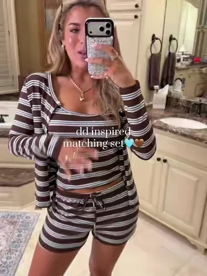 SO cute and trendy!😍 the blue and the brown color combo is to die for & love that it's 3 pieces!🩵🤎 wearing size L- it runs EXTREMELY small so size up! #elevatedloungewear #boujeeonabudget #designerinspired #matchingset #summerfashion 