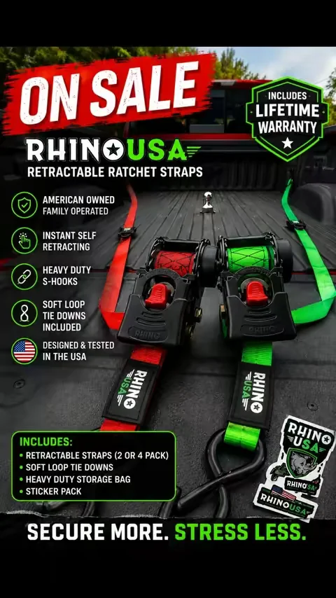 Keep your cargo locked down with the Rhino USA 1-Inch Auto Retractable Ratchet Straps. These self-retracting straps eliminate tangled webbing, tighten in seconds, and are perfect for trucks, trailers, UTVs, ATVs, motorcycles, and everyday hauling. Built for fast, secure tie-downs and easy storage, they’re a must-have for any garage or toolbox.  #RHINOUSA #RHINOINTHEWILD #cargo  #truckgear @Rhino USA 