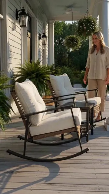 ☀️ This rocking chair set makes the whole #porch feel upgraded. 🪴 The clean design fits almost any home. 🛋️ The chairs are surprisingly roomy. ☕ And the table is always within reach for coffee. 💰 It looks far more expensive than it actually is. 👍 👆Click this #rockingchair and table set and enjoy your 🍀 cozy time🍄 this summer.🔥✨ ✨ ✨ #TikTokShopDealsforYouDays #SummerWins #balconyfurniture