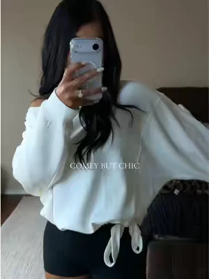 SIZE:L. I love a good comfy chic top to throw over my workout sets! Such a good soft lightweight layer for warmer days when you want to cover up! The tie detailing makes it so chic and put together! Comfy Chic Outfits. Oversized Shirt. Atheisure Outfits. #outfits #outfit #outfitinspo #comfychic #athleisure 