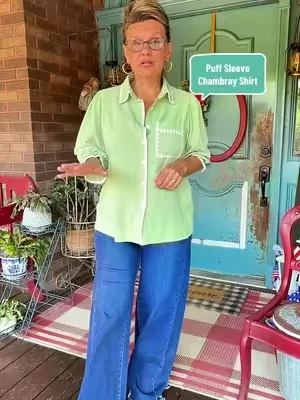 SageVell 100% Cotton 3/4 Puff Sleeve Chambray Shirt - Blue Collared Blouse with White Trim, Cottagecore Essential Top for Women #DealsForYouDays #summervibes #SummerWins #womensfashiontrends #boutiqueclothing @Sage Vell