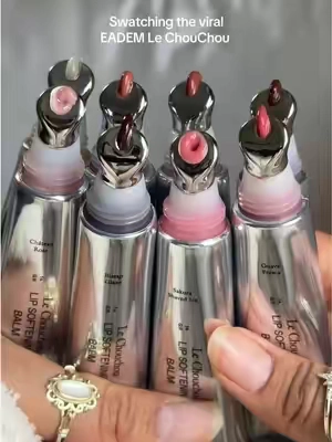 Eadem Le ChouChou Swatches:  Butter Mochi, Chateau Rose, Sakura Shaved Ice, Guava Fresca, Fig Sauce, Burnt Malai, Bissap Glaze, Boba Bounce #eadem #eademlechouchou #lipbalm #eademlipbalm #makeup 