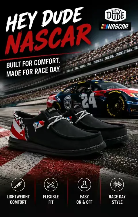 🏁 Race-day style meets all-day comfort!* The HEYDUDE x NASCAR Collaboration Shoes are built for fans who live life in the fast lane. Featuring exclusive NASCAR-inspired graphics, lightweight Flex & Fold construction, and the ultra-comfortable fit HEYDUDE is known for, these shoes are perfect for race weekends, everyday wear, travel, concerts, and casual outings. Slip them on and experience why HEYDUDE has become one of the most popular comfort shoes around. Whether you're headed to the racetrack, cheering on your favorite driver, or just want a unique pair of shoes that stand out, this limited-edition NASCAR collaboration delivers style and comfort in one package. The lightweight outsole helps reduce foot fatigue, while the cushioned insole and flexible design keep you comfortable from morning until night. They're easy to pack, easy to wear, and easy to love. If you're a NASCAR fan, collector, or simply looking for an incredibly comfortable pair of men's casual shoes, don't miss this collaboration. These special editions may not stay in stock for long, so grab your size while it's still available. Tap the cart to check today's price, available coupons, and free shipping before they're gone! #HeyDude #HeyDudeShoes #NASCAR #NASCARStyle #raceday 