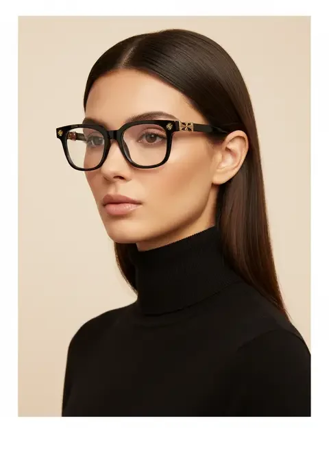 A refined, unisex frame with a cultured edge. Glossy black acetate meets sculptural gold hardware and clear lenses for daily clarity with editorial presence. From desk to drive, it’s the artful essential that feels luxurious yet effortless—made to gift, made to wear, made to keep. #Eyewear #ReadingGlasses #UnisexStyle #BlackFrames #GoldHardware #SquareFrames #LuxuryMinimal #DailyWear #GiftForHim #ModernClassic