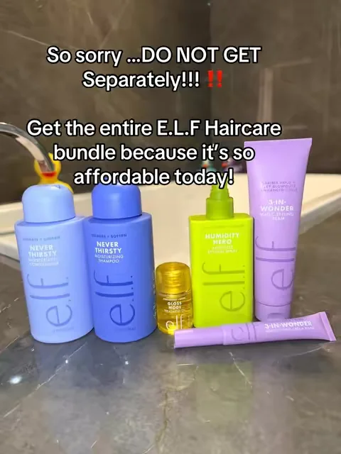 didn't expect to love this haircare line this much! From the moisturizing shampoo + conditioner to the anti-frizz spray and styling products, this bundle has everything you need for softer, smoother-looking hair. And the bundle-exclusive treatment oil is such a nice bonus! Which product are you trying first? #elfcosmetics #elfhair #haircare #summeressentials #dealsforyoudays 