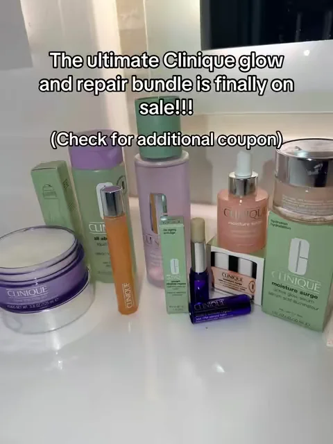 The Clinique Complete Glow Collection includes 7 full-size skincare essentials to cleanse, exfoliate, hydrate, and visibly smooth skin. Featuring Take The Day Off Cleansing Balm, All About Clean Facial Soap, Clarifying Lotion 2, Moisture Surge Active Glow Serum, Moisture Surge 100H Hydrator, All About Eyes De-Puffing Rollerball, and Smart Clinical Repair Retinoid Balm for a complete skincare routine. #Clinique #SkincareRoutine #MoistureSurge  #dealsforyoudays #summeressentials 