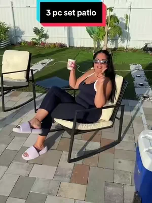 INTERGREAT 3 Piece Outdoor Rocking Bistro Set Black Wicker Furniture Porch Chairs Conversation Sets with Glass Coffee Table, Beige##Summervibes##SummerWins##DealsForYouDays