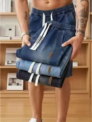 One pair for everything! Elastic waist straight denim shorts men#pants #mensfashion #jeansformen #jeansoutfit #jeanshorts #comfystyle 