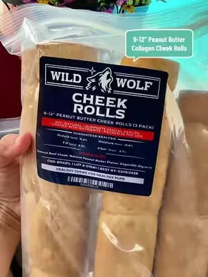 9-12” Peanut Butter Collagen Cheek Rolls (3 Pack) 100% Natural and Extra-Thick - Single-ingredient - Long-lasting for Big Dogs and Aggressive  Chewers ##DealsForYouDays##SummerWins##dogtreats##dfyd##dogmomsoftiktok@@Wild Wolf Bully Sticks