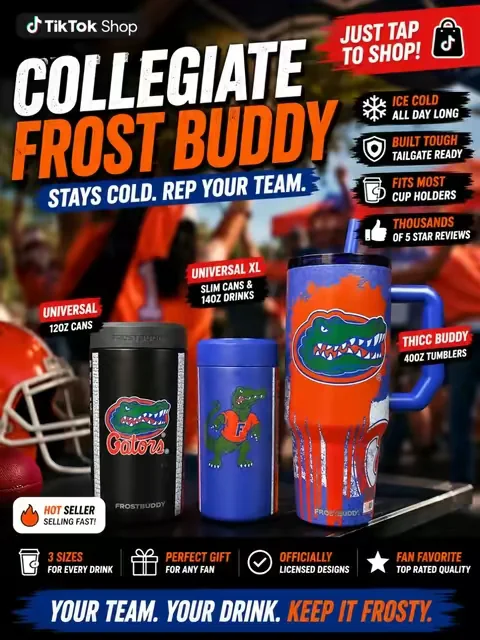 🏈❄️ Keep every drink ice cold while showing off your team pride with the Frost Buddy Collegiate Collection! Whether you choose the Slim Buddy, Universal XL, or Universal Can Cooler, there's a Frost Buddy built for your favorite drink. The Universal Can Cooler is perfect for standard 12 oz cans, the Universal XL fits slim cans and many 14 oz bottles, and the Slim Buddy is made for today's most popular energy drinks and slim beverage cans. Built with premium double-wall insulation, these coolers help keep drinks colder longer, reduce condensation, and fit easily into most cup holders for tailgates, football Saturdays, road trips, the beach, camping, work, or everyday use. Officially licensed collegiate designs make them the perfect gift for any college sports fan. Tap the product to grab your favorite team before they're gone! #FrostBuddy #CollegiateEdition #cancooler #CollegeFootball #teamgear 