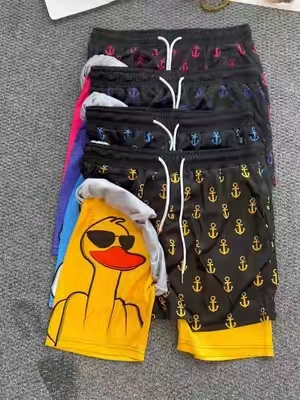 The quick-dry fabric makes them perfect for pool-to-street wear.🐥🐥💛💛🔥🔥#duck #mensfashion #graphic #shorts #summervibe 