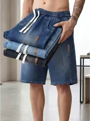 Soft stretch denim straight shorts elastic waist, work & walk suitable#pants #mensfashion #jeansformen #jeansoutfit #jeanshorts #DailyWear #outfit 