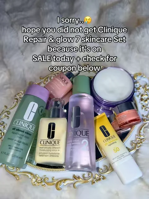 wasn't planning on buying another skincare set... but this Clinique Repair & Glow Set was too good to pass Up. You get 7 full-size & deluxe favorites including a cleansing balm, cleanser, exfoliating lotion, moisturizer, SPF 50 sunscreen, serum, and eye cream —everything you need for a complete skincare routine. #Clinique #CliniqueSkincare #skincareroutine #summeressentials #dealsforyoudays 