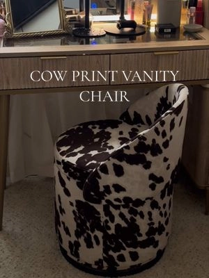 couldn’t decide between this one or the teddy but she’s SO CUTE! 🐮🤎 @CHAIRUS #cowprintchair #vanitychair #storagechair #chairus #vanitysetup 