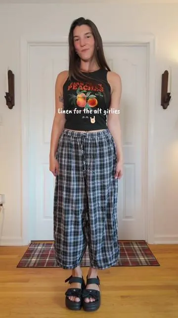 Another alternative summer outfit 🖤☀️  Pants are black plaid, 90% cotton / 10% linen, size medium Im 5’7” 135 lb #altsummeroutfits #darkboho #summeroutfits #alternativefashion #dealsforyoudays 