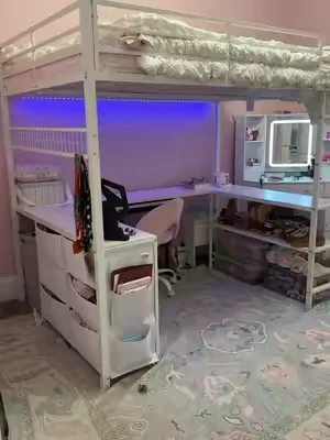 a loft bed with a built in desk AND dresser as well a spot to plug in devices? This thing is the best one we found and we did some heavy research! #loftbed #bedroommakeover #girlsroom #fullsizebed 