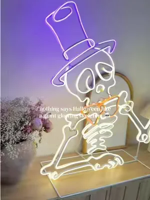 One oversized neon skeleton is all it takes to make your Halloween display stand out. The glow at night is unreal. 💀🧡🎃 #halloweendecor #spookyseason #fallfinds #tiktokshopfinds #hallowtiktok @QVC, Inc 