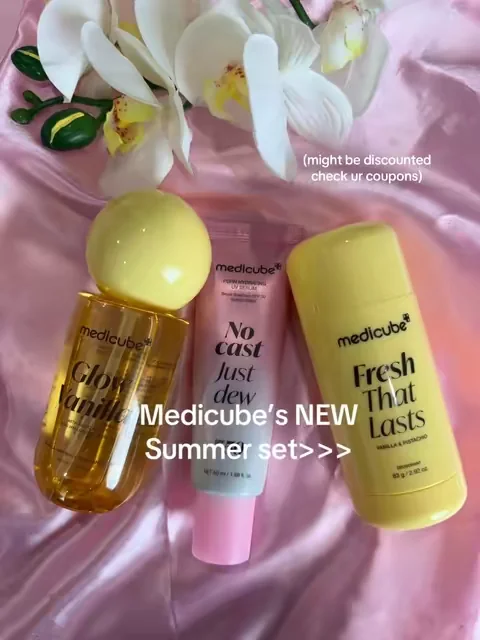 this set includes the no cast just dew sun serum, the glow vanilla hair and body mist, and the fresh that lasts vanilla & pistachio deodorant  ☀️ @medicube US Store #medicube #medicubeskincare #medicubesummerbundle #summeressentials #dealsforyoudays 
