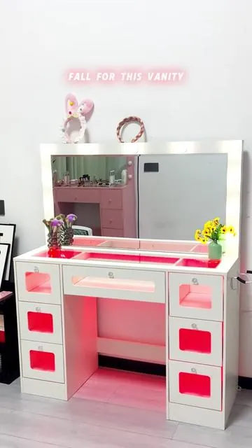 Makeup Vanity Desk with LED Lighted Mirror, Tempered Glass Top, 7 Drawers, RGB Ambient Lighting, Vanity Table for Bedroom #VanityMakeupDesk #MakeupVanityTable #GlamVanityStation #BedroomVanitySet #DressingTableDecor