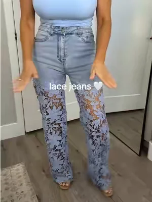 High waisted, super stretchy, soft, easy to wear jeans with great lace legs #lacejeans #denimjeans #highwaistedjeans #comfyfit #summerfashioninspo 