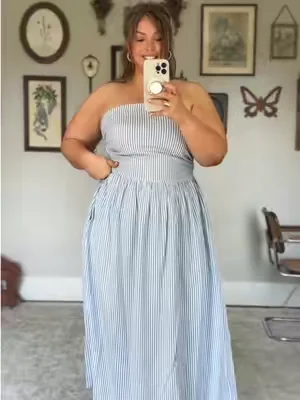 What a perfect little little strapless maxi. Sooo flattering and classy and adorable 😭  I’m a 14/16, 5’4 wearing the xl. #maxidress #straplessdress #curvyfashion #plussizefashion #summerdress 