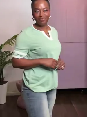 @SHEWIN Shewin Summer Outfit Women's Notch V Neck Contrast Trim T-Shirt Double Striped Cuff Short Sleeve Loose Everyday Casual Streetwear Top #summerwins #shippedbytiktok #Summervibes #TikTokShopSummerTurnUp 
