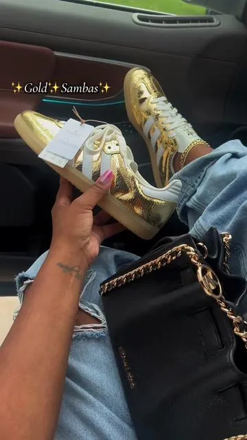 Gold Metallic Addidas Sambas #sambas #addidassambas #casualsneakers #goldsneakers #sneakerfinds @Evans Sneakers 