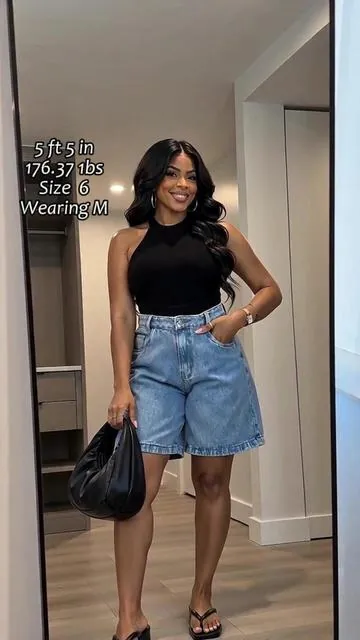 How to style denim shorts for summer ☀️ Comfy, casual, and cute!  #summeroutfit #midsizefashion #denimstyle #ootd