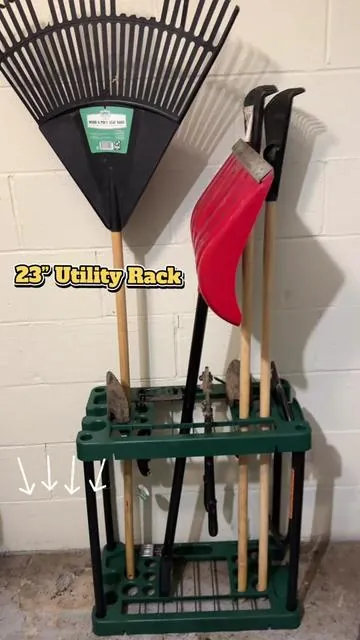23in utility tool rack 🛠️ great for garage organizing, holds a variety of gardening equipment and more. #tools #fyp #workshop #gardening #organization 