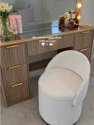 obsessed with this 3-in-1 vanity chair🤍 360° swivel, hidden storage, and the softest sherpa fabric. @CHAIRUS #vanitychair #vanitysetup  #vanityorganization #makeupchair #vanitystool 