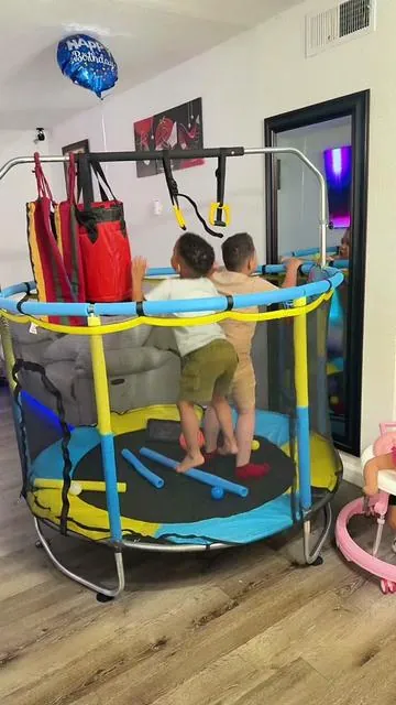 Trampoline for Kids with Enclosure 440lbs Indoor & Outdoor，Toddler Trampoline with Adjustable Gymnastics Bar & Toys for B#tiktokshopcreatorpicks #niños #LiveOutlandish #summeressentials 