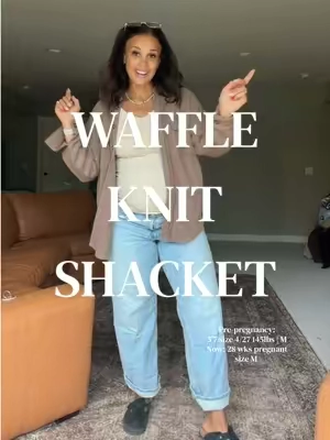 Waffle knit button down shacket in the color brown. Runs oversized. Perfect transition piece from summer to fall! Definitely a go to staple to have that can be worn with anything! #waffleknit #buttondown #shacket #shacketstyle #comfycozy
