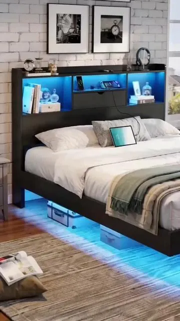 Floating-style bed frame with a sleek black finish, built-in headboard shelving, blue LED lighting, and a clean modern look that gives your whole bedroom an instant upgrade.

#FloatingBed #BedFrame #LED bed #BedroomUpgrade #ModernBedroom #PlatformBed #StorageHeadboard #HomeFurniture #RoomInspo #tiktokshop 