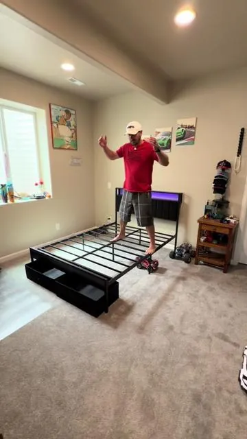 Bed frame with LED Lights [Summerwins] AMERLIFE Bed Frame with LED Light and 2 Storage Drawers, Metal Platform Bed with Storage Headboard, Velvet Upholstered, Heavy-Duty Slats, No Box Spring Needed, Easy Assembly. #TikTokShop #StorageBed #LEDBedFrame #BedroomFurniture #homefind @amerlifeofficial 