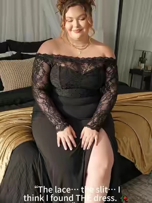 🖤 I wasn’t sure about the off-shoulder look at first, but the lace details are so gorgeous and it makes me feel incredibly confident. And can we talk about that slit?! 🦵✨ #plussizeoutfit #datenightoutfit #blackdress #bodypositivity #PlusSizeFashion