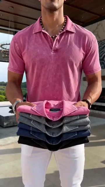🛹 Streetwear exclusive men half-button polo short sleeve, 100% lightweight cotton vintage washed craft, loose non-restrictive cut, effortless retro style for skate trips and friend gatherings #StreetwearRetroPoloTop #Light100PercentCottonFabric #LooseUnrestrictedFit #fyp  #vintage 