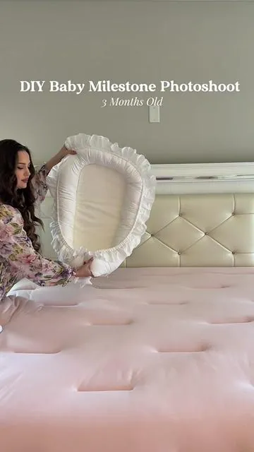 This baby lounger is perfect for baby milestone photoshoots 🤍 I love the beautiful ruffle detail and elegant style. It also comes with a matching pillow, making every photo extra special ✨ #babymilestonepictures #babylounger #babyphotos #diybabyphotos #3monthsold 