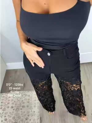High waisted, super stretchy, soft, easy to wear jeans with great lace legs #lacejeans #denimjeans #highwaistedjeans #summerfashioninspo #cutejeans 