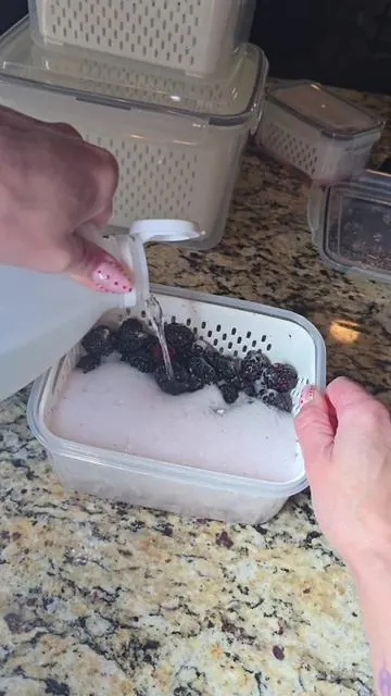 okay the comments came through for me on this one and I have to give credit where it is due. I was putting the vinegar and baking soda together at the same time when washing my fruit and people in my comments let me know that you are actually supposed to do them separately because vinegar is acidic and baking soda is a base and combining them just neutralizes both and you end up with basically water. so the correct way is to do one at a time — vinegar soak first, rinse thoroughly, then baking soda separately if you want to do both steps. and then once your fruit is properly washed this is where the MIESOO produce containers make such a difference because storing it correctly after washing is just as important. the removable colander keeps your fruit elevated so it is never sitting in moisture at the bottom of the container which is what causes mold to grow even on freshly washed fruit. airtight lid seals everything in, the colander drains any residual moisture away from your fruit, and your produce actually lasts so much longer as a result. how to make fruit last longer, fruit washing hack, vinegar fruit wash, baking soda fruit wash, fruit storage containers with colander, produce containers for fridge, berry storage containers, how to keep strawberries fresh longer, how to keep blueberries fresh longer — wash it right, store it right. #FruitStorage #FruitWashHack #ProduceStorage #FridgeOrganization #kitchenessentials @MIESOO 