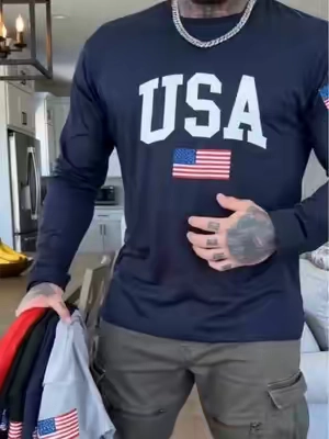 🇺🇸Slim fit USA flag print long sleeve tee for men! Thin lightweight breathable fabric, bold USA letter & American flag graphics on chest and sleeve, 4-season daily outdoor streetwear #USALongSleeveTee #AmericanFlagClothing #MensStreetStyle #FourSeasonTops #GiftForBoyfriend