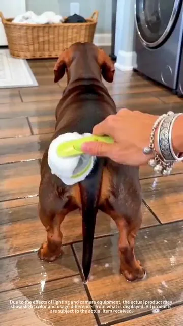 Bathing your dog with this long-handled massage bath brush is a real treat. It massages while it cleans, giving a deep-down scrub your pup will love. #BathBrush #PetGroomingBrush #DogBath #GoodStuffShare